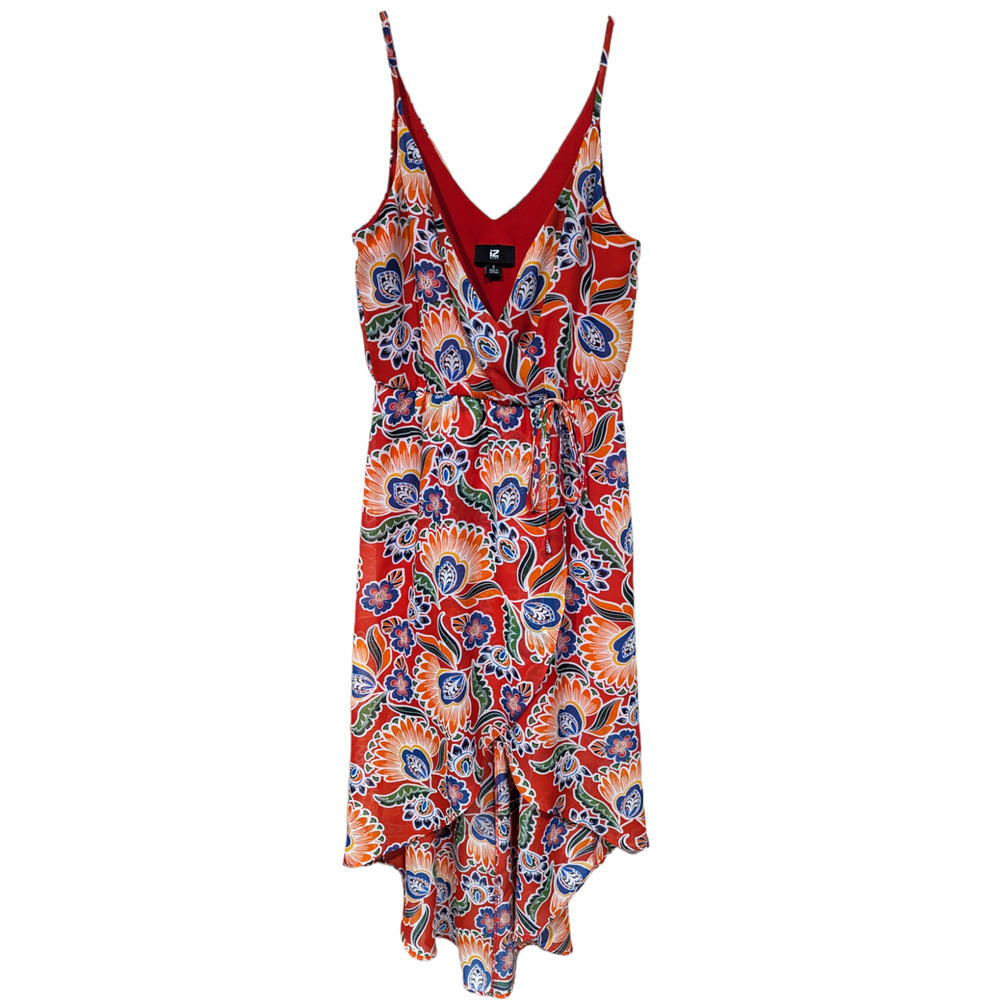 IZ Byer Women's size Small Hi Lo Midi Red Tropical Floral Print Dress